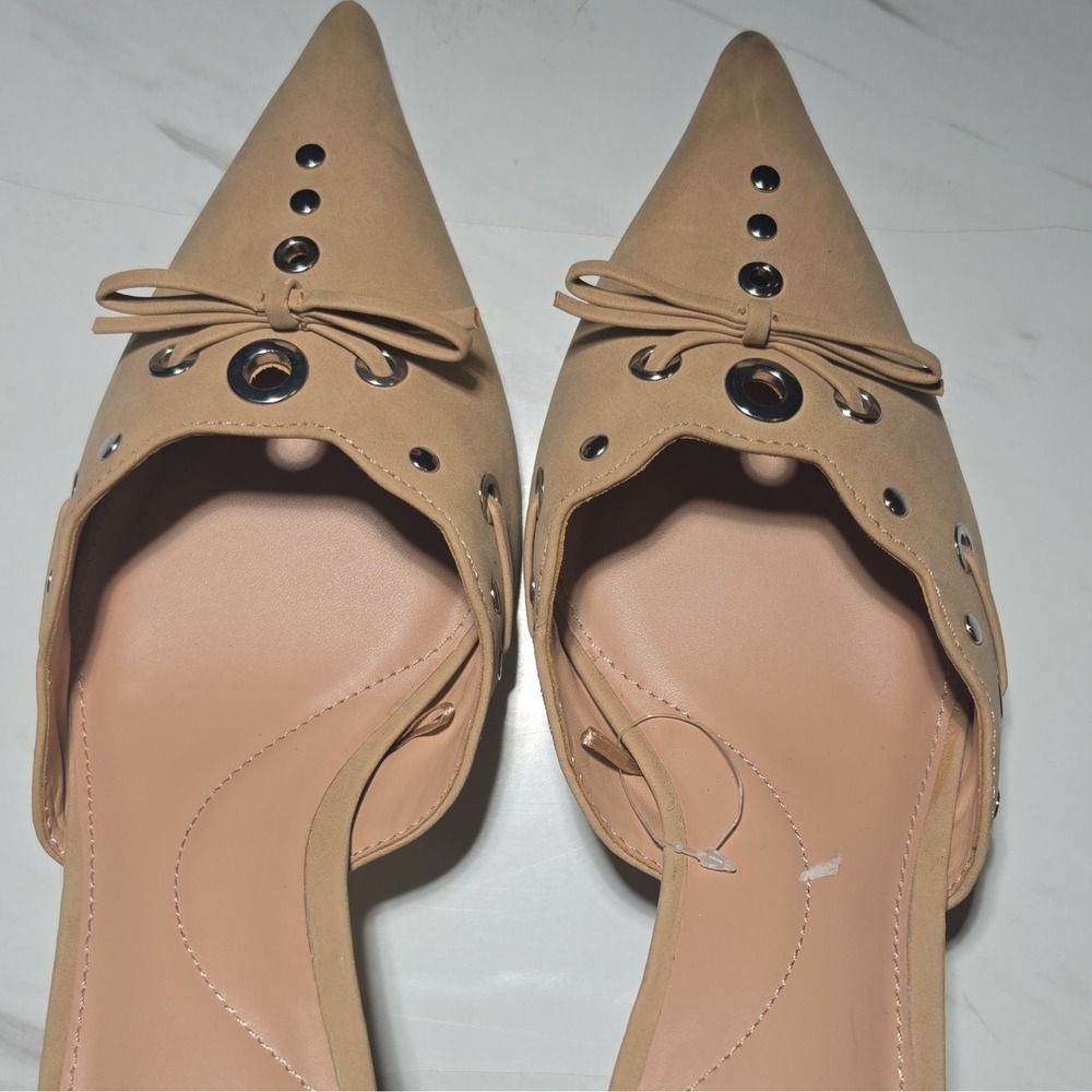 Time and Tru Women's Beige Pointed Toe Slip-On Mule Bow Eyelet Block Heels 9 - Picture 4 of 5